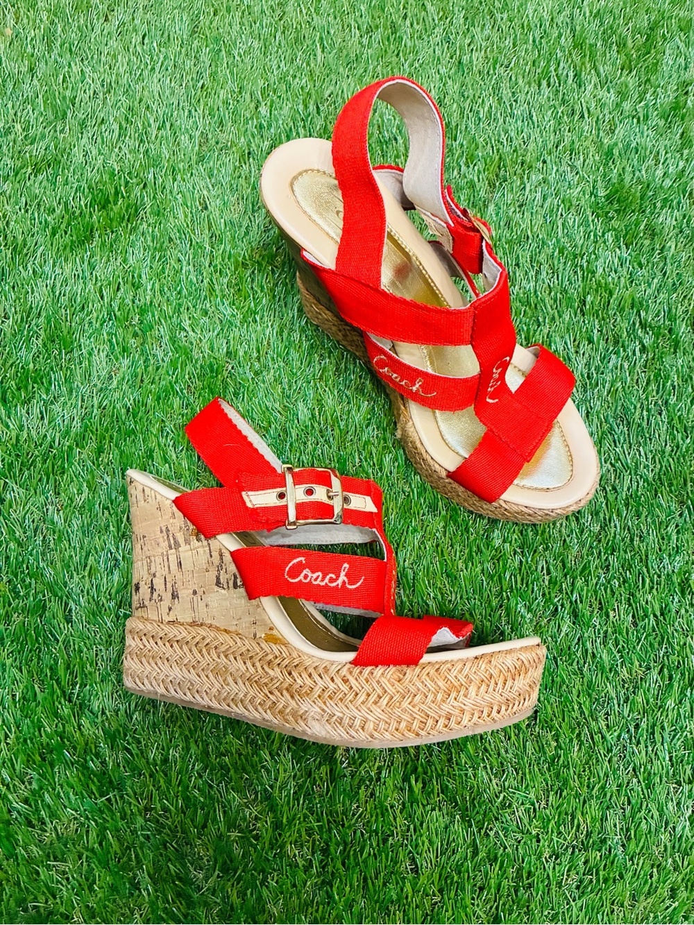 Coach Red Canvas Espadrille Wedge Sandals – Logo Strap – Size 7 - Picture 2 of 7